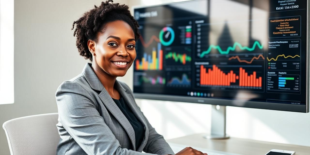 Profissional moçambicana a analisar gráficos financeiros em dashboard