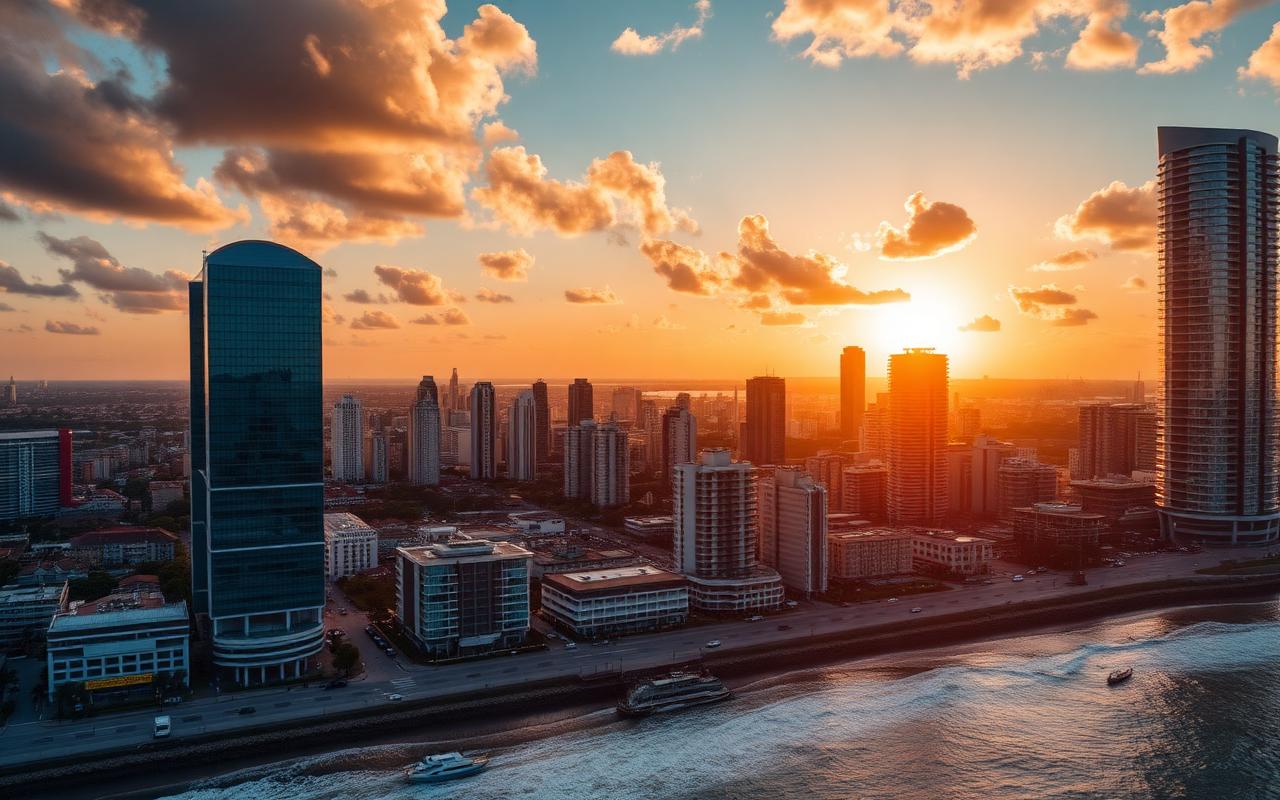Vista aérea de Maputo ao pôr-do-sol — NetShop opera nas 11 províncias de Moçambique